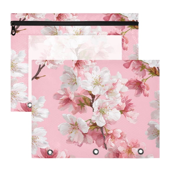 Pink and White Plum Blossom 3-Ring Binder Pocket with Zipper Pencil Pouches A4 Size File Storage 2 Packs
