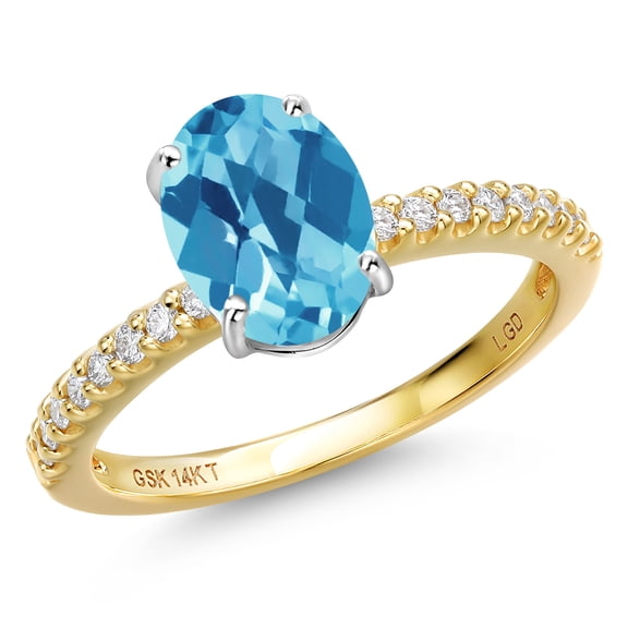 Gem Stone King 14K Two Tone Gold Swiss Blue Topaz and Lab Grown Diamond Engagement Ring for Women | 2.41 Cttw | Oval Checkerboard 9X7MM | Gemstone November Birthstone | Size 7