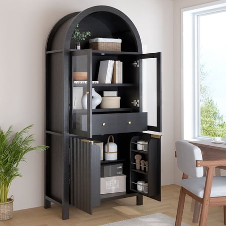 MINESTIA 71" Arched Bookcase, Modern Arch Bookshelf with Glass Doors & Adjustable Shelves Book Shelf Display Cabinet for Office, Living Room