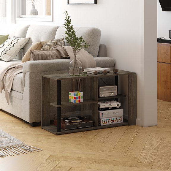 HOMLUX Rectangular Coffee Table Slim Living Room Table with Open Shelves for Small Spaces, French Oak Grey/Black