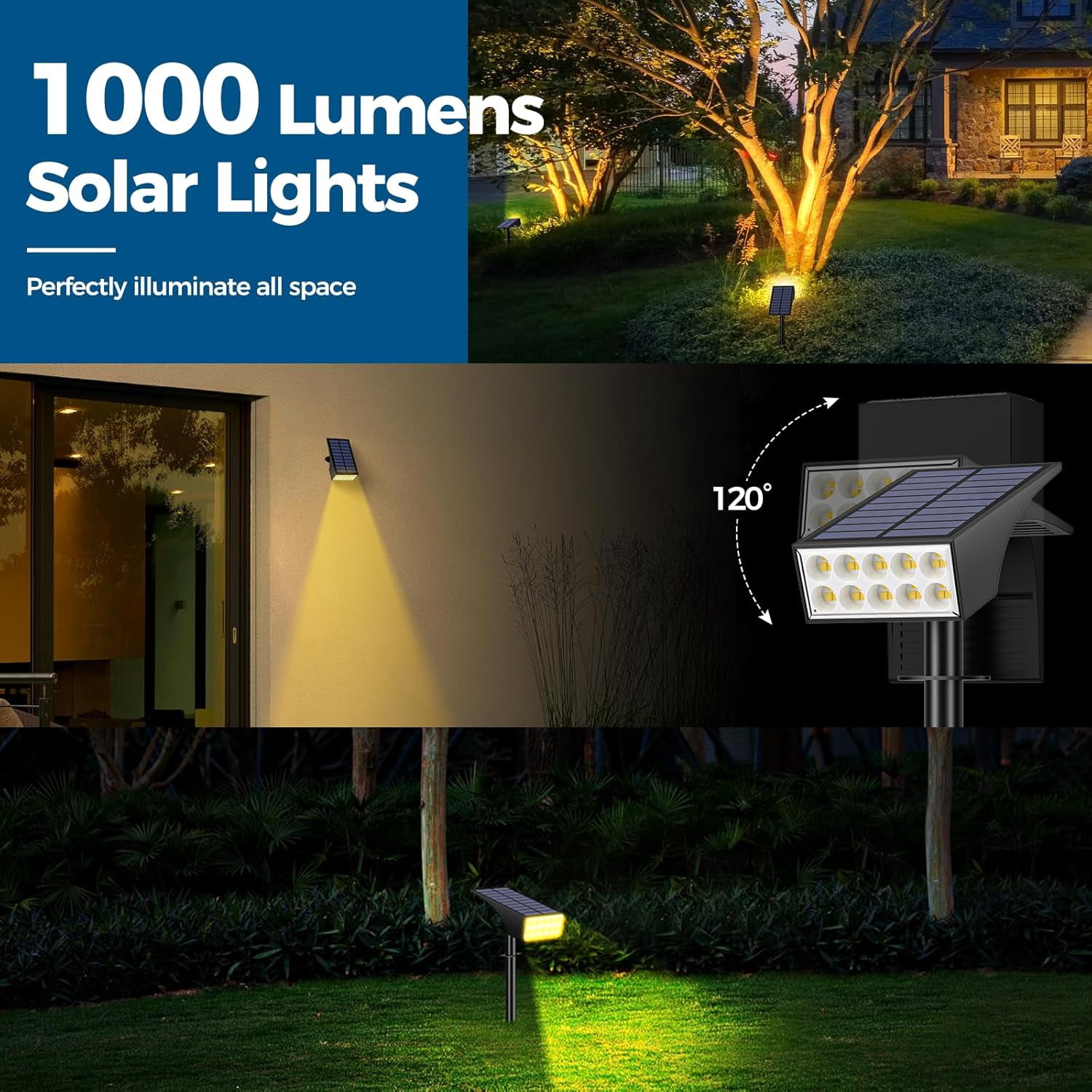 Solar Lights Outdoor, 12 pack, 4 Modes Auto On/Off, Waterproof LED Solar Spotlights for Pathway, Yard, Garden, Wall, Tree, Pool - Warm White