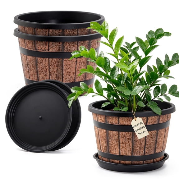 FULANDL Large Plastic 3 Pack 10 inch Plant Pots,Whiskey Barrel Planters with Drainage Holes & Saucer Flower Pots for Indoor & Outdoor