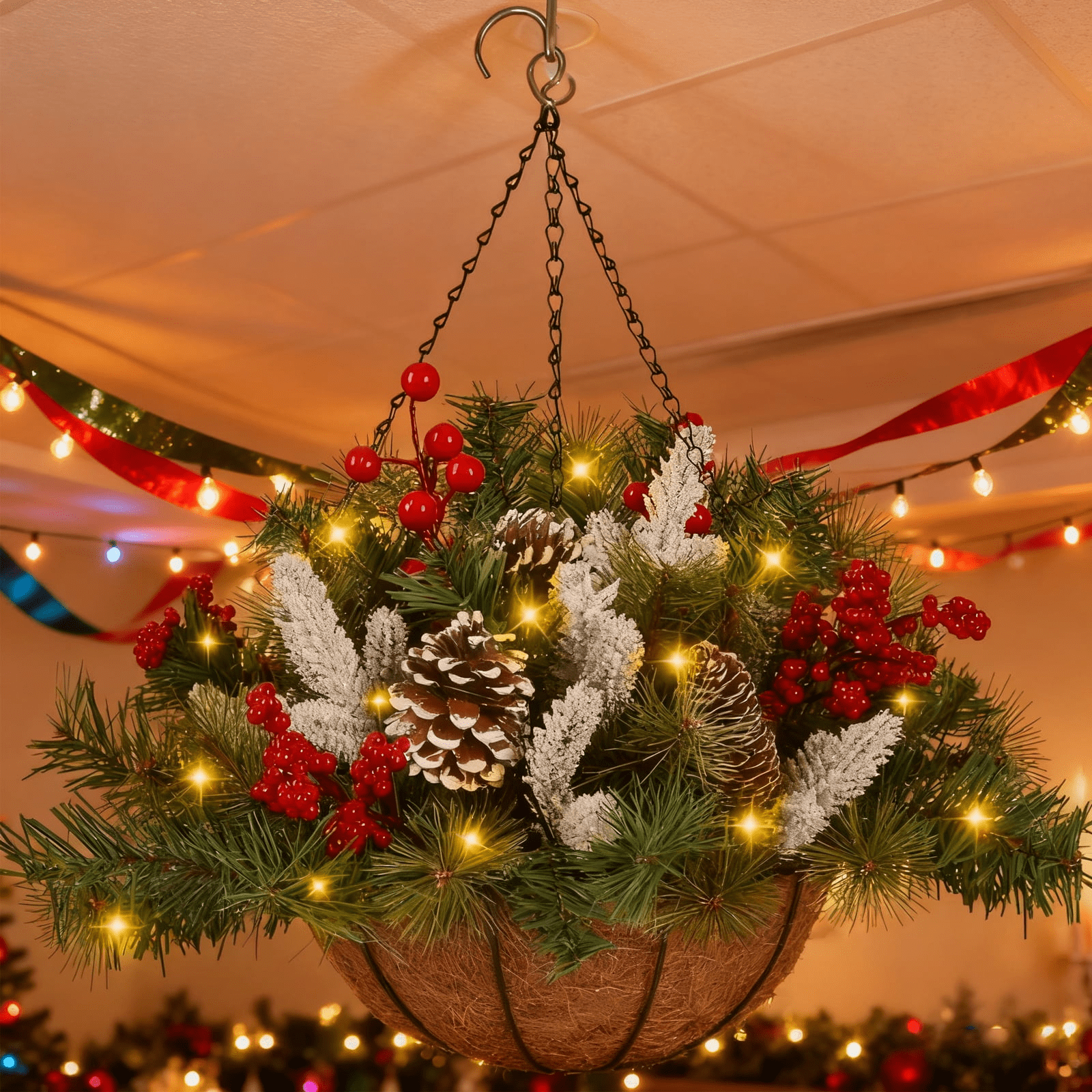 Artificial Christmas Hanging Basket with LED String Lights Christmas Hanging Plant Basket Artificial Flowers with Frosted Pine Needles Pinecones Red Berries Fake Plants Faux Decor for Xmas Decor