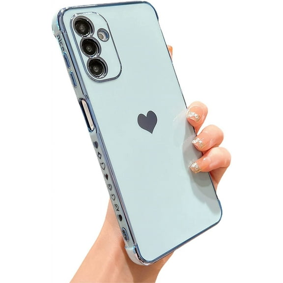 Compatible with Samsung Galaxy A24 4G 6.5” Phone Case Elegant Aesthetic Cute Love Heart Cover for Women Luxury Plating Camera Protection Soft Silicone Shockproof Bumper for Galaxy A24 (Blue)