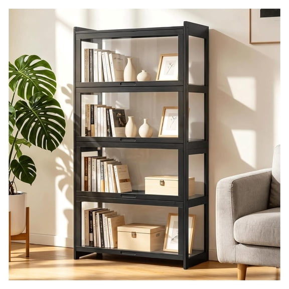 55 Inch Curio Display Cabinet Bamboo 4 Tier Showcase with Acrylic Doors Black Storage Shelf Unit for Figures Books Photos Home Office Living Room Vertical Display Case