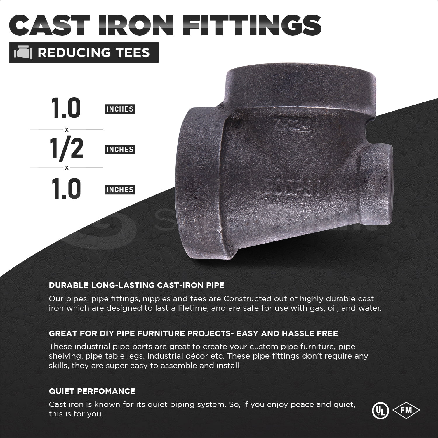 Supply Giant 1" x 1/2" x 1" BLack Pipe Fitting Reducing Tee Cast Iron