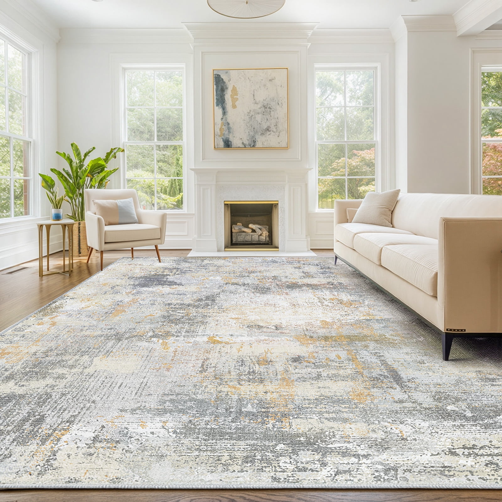 CHITOOMA 6'x9' Area Rugs for Living Room, Machine Washable Abstract Distressed Rugs Indoor Neutral Carpet Rugs for Bedroom Dining Room Office with Non-Slip Backing, Stain Resistant Non-Shed