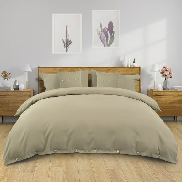 Juego de funda de edredón PiccoCasa de microfibra de poliéster de 110gsm con botones redondos retro, 5 piezas, color caqui para cama individual