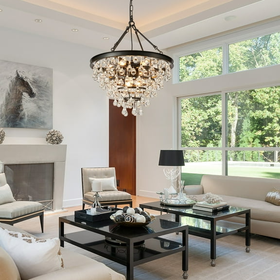 FINE MAKER 23.6-inch crystal finish ceiling light modern recessed ceiling light round chandelier lamp fixture, dining room, living room (50cm)