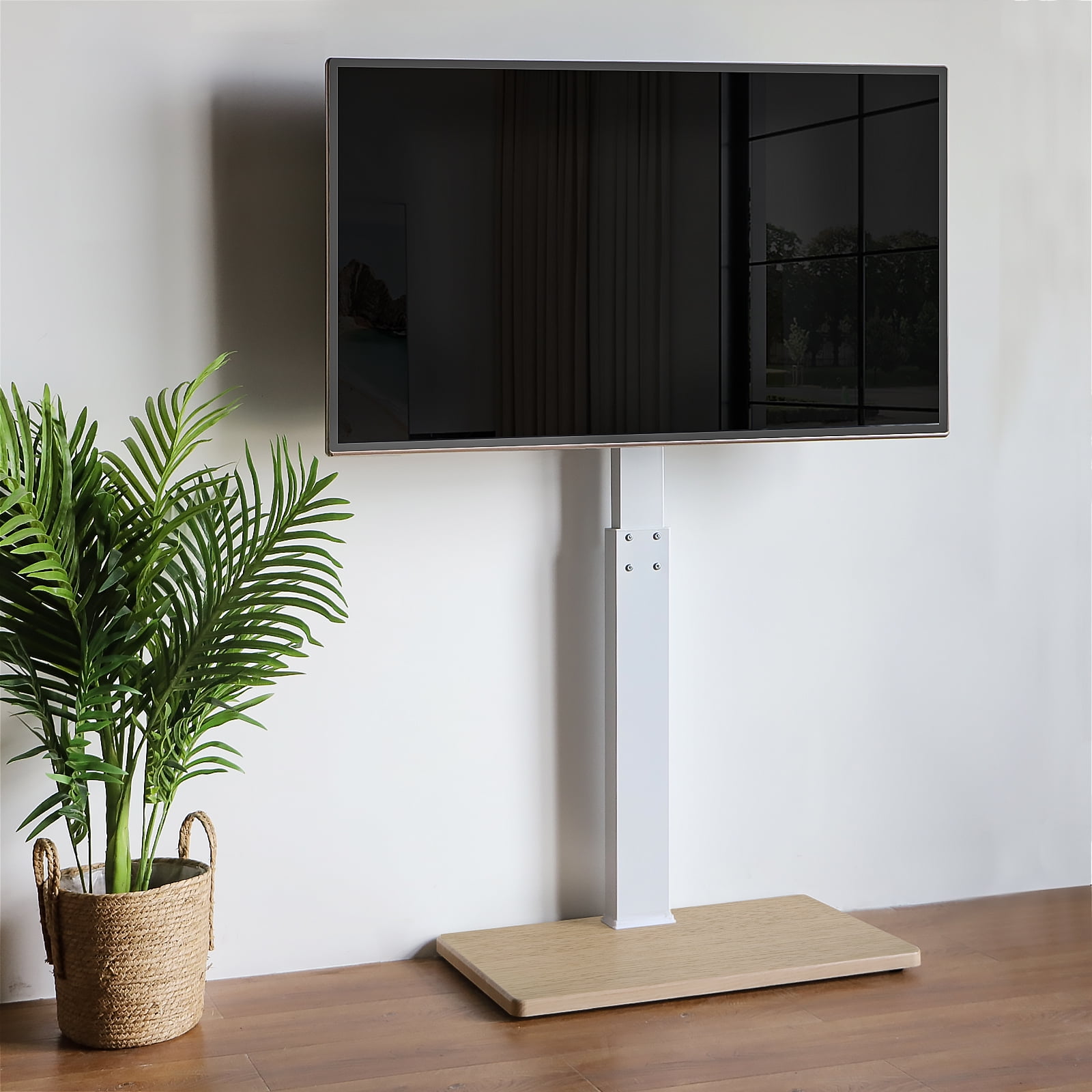 Floor TV Stand with Mount Swivel for 50 to 75 inch Flat TVs Wood Base, White Shelf