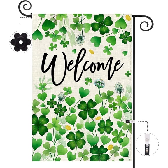 St.Patrick''s Day Welcome Garden Flag 12.5x18 Inch Double Sided,Green Lucky Shamrock Clover Flag Spring Farmhouse Holiday Yard Lawn Outdoor Outside Decoration