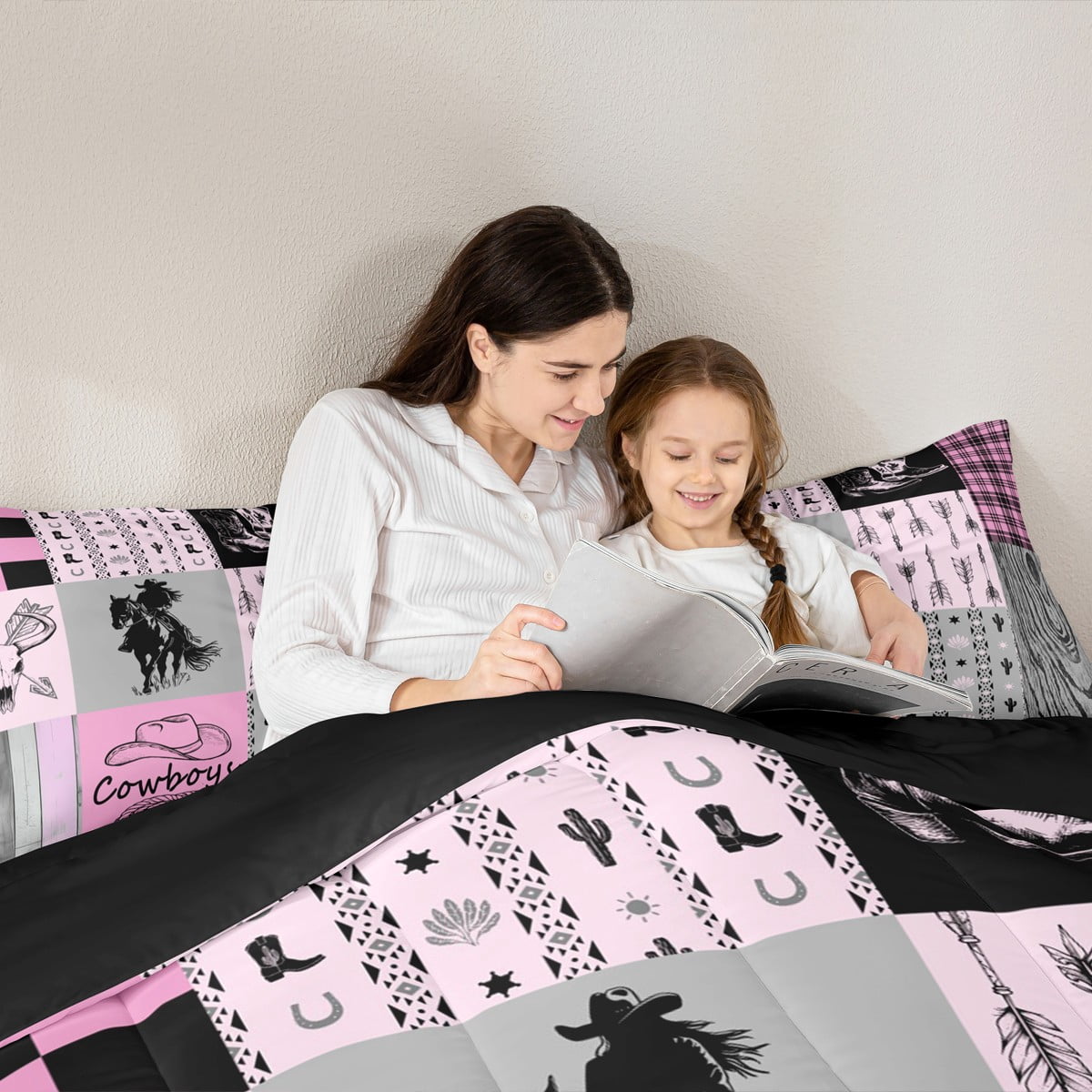 Full Size Comforter Set Western Cowgirl Bedding Sets Wild West Bull Horse Quilt Set For Teen Women Country Farmhouse Buffalo Plaid Bed Comforter Set 2 Pillow Cases Room Decor