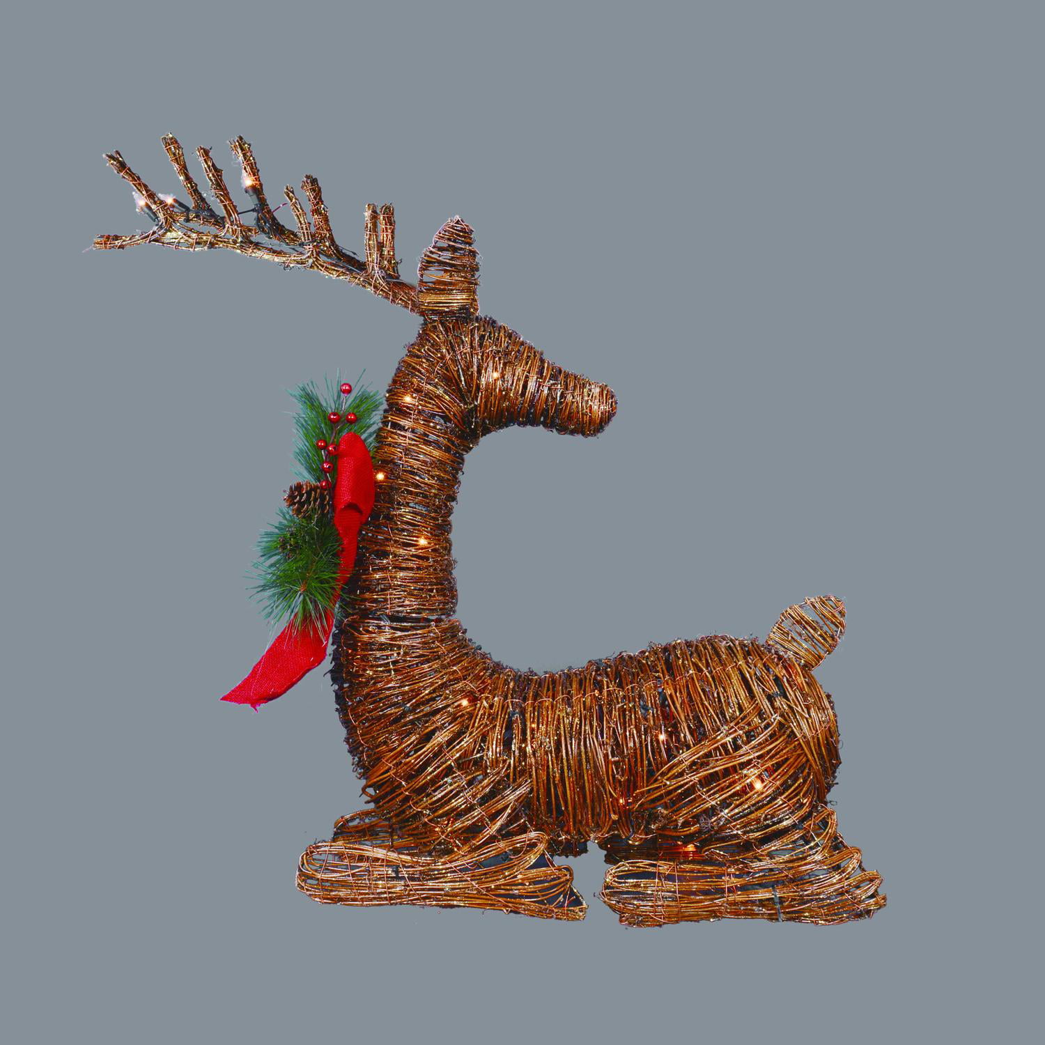 30" Lighted Rattan Reindeer with Red Bow and Pine Cones Christmas