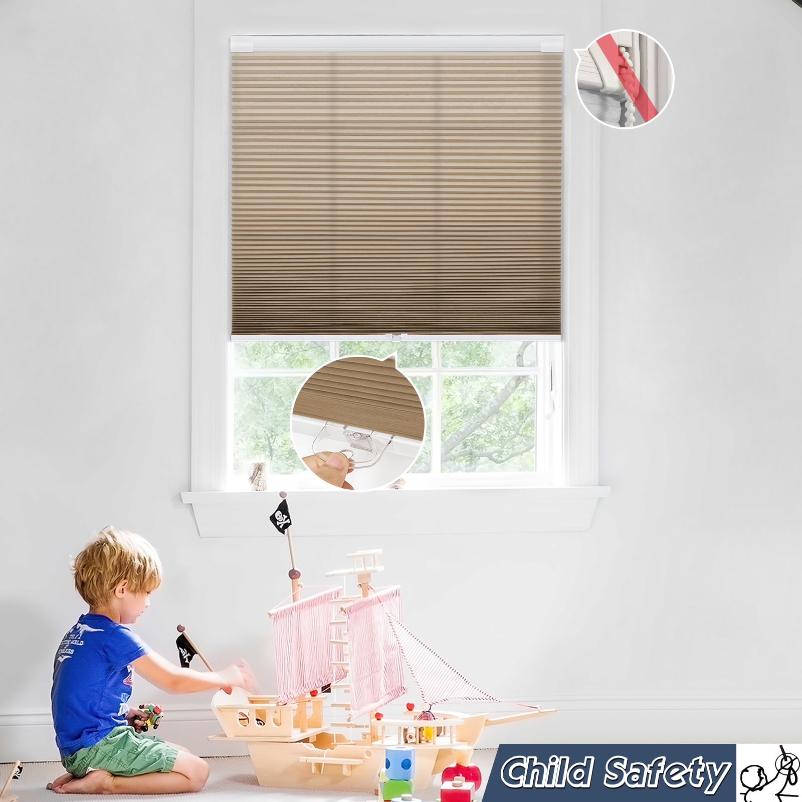 Keego No Drilling Cordless Cellular Shades Honeycomb Window Blinds Easy Installation Heat Insulating Noise Reducing Curtains Semi-Blackout Khaki, 57.5"w x 60"h