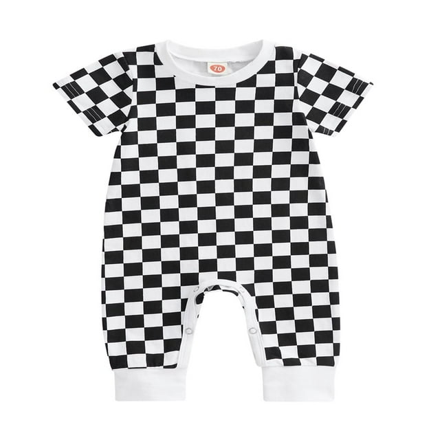 Babys Casual Manches Courtes Combinaison de Mode Damier Imprimé Cou Long Romper