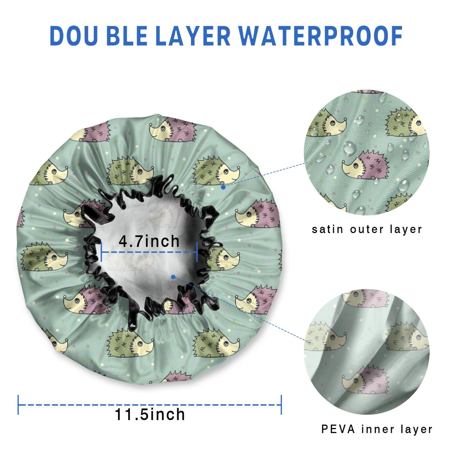 Shower Caps,Cute Hedgehog Pattern Waterproof Shower Cap for Women 4 Pieces,Double Reusable Hair Cover for Shower PEVA Elastic Stretch Hem