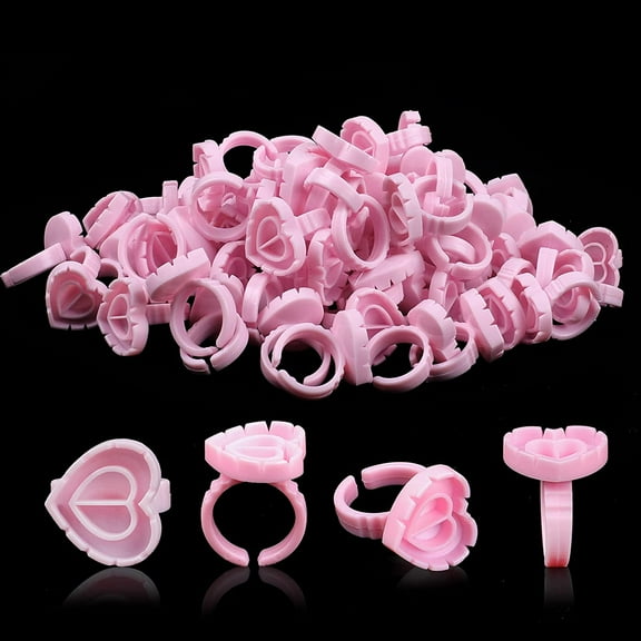 100pcs Glue Rings Smart Glue Cups Lash Glue Holder Ring Cup,Disposable Glue Cups Lash Glue Rings Lovely Heart Shape for Eyelash Extensions (pink)