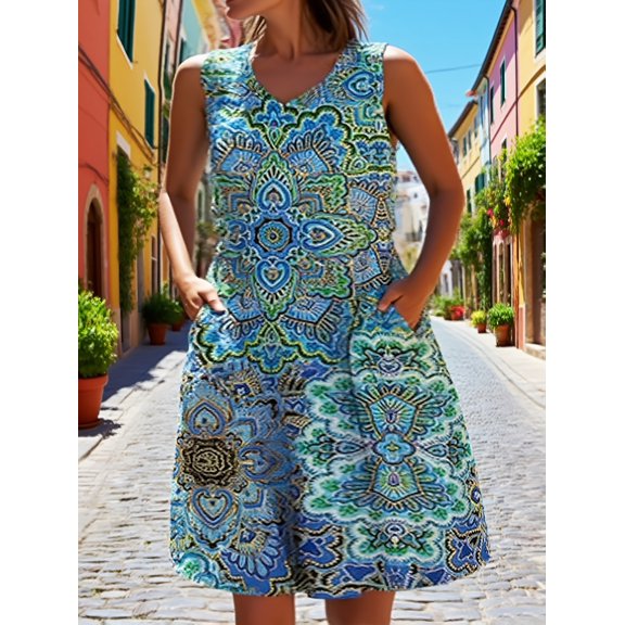 Women's Paisley Print Sleeveless Mini Dress with Pockets