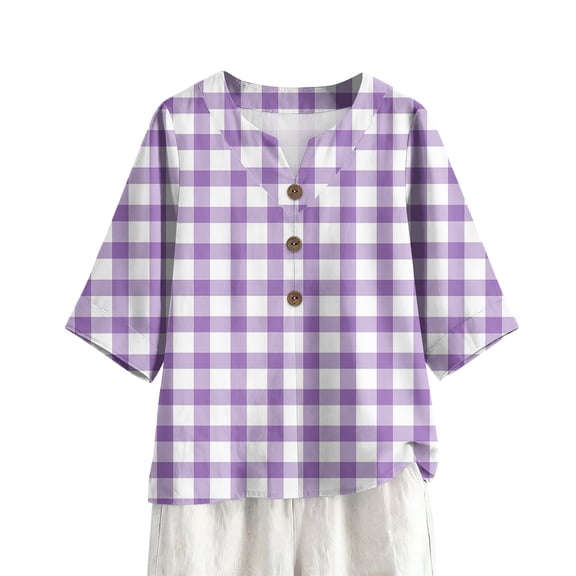 ASDFVBKG 3/4 Length Sleeve Womens Tops Cotton Linen V-Neck Tee Shirts Trendy Vintage Striped Pattern Top Casual Loose Soft Tee Tops Purple M