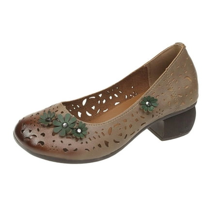 

Mortilo Womens Shoes Summer Casual Retro Hollow Comfortable Chunky Heel Fish Mouth Casual Shoes PU casual shoes for Women Brown