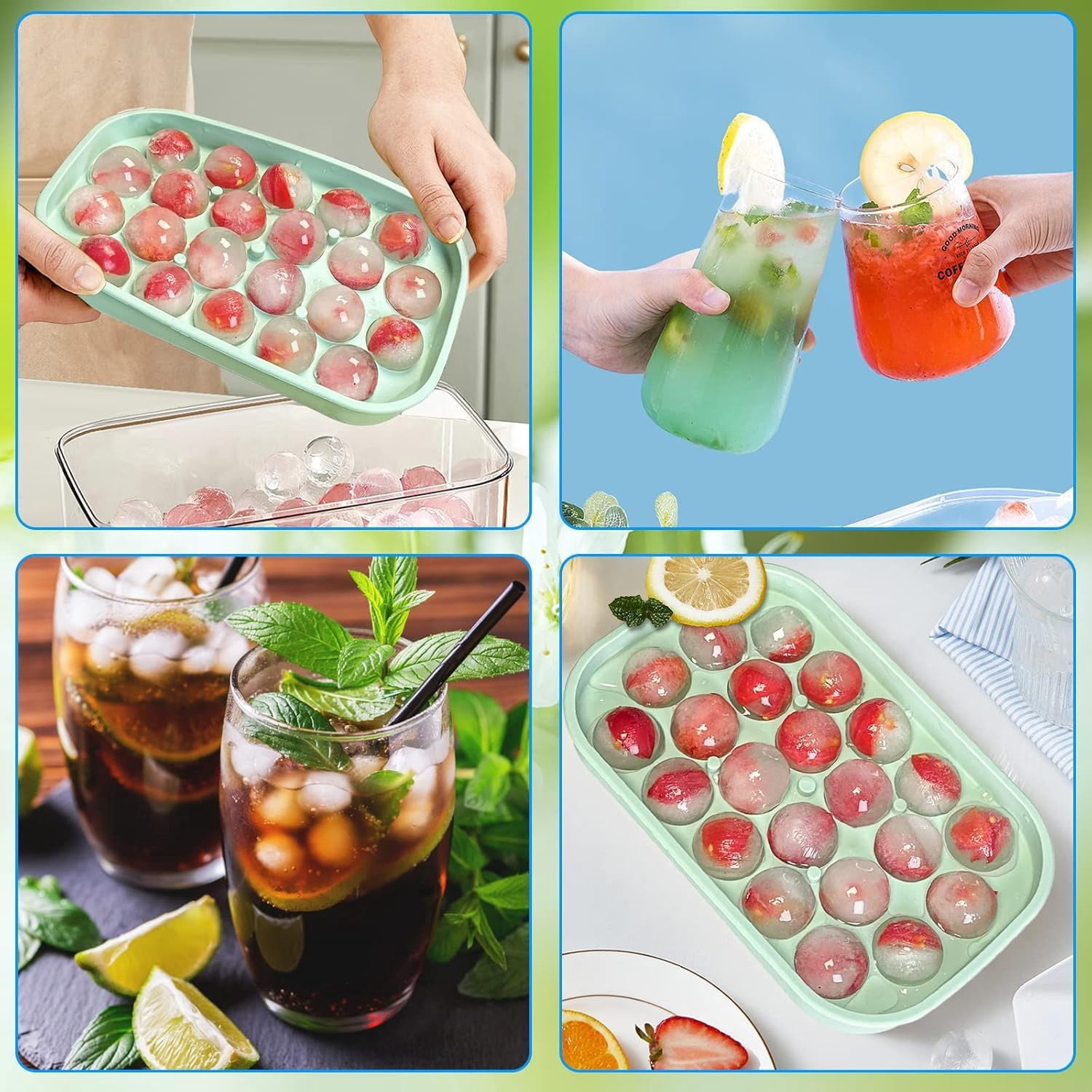 Ice Cube Tray  2 Pack Silicone Balls Maker With Lid Bpa Free Easy-release Trays For Freezer Diy Homemade Round Cubes Coffee (green)
