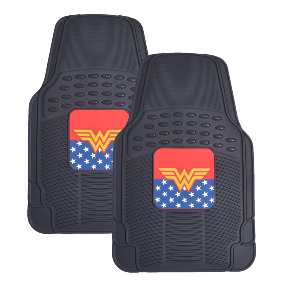 BDK Superhero Car Floor Mats  Officially Licensed Warner Bros DC Comics  All Weather Interior Auto Protection  Heavy Duty Rubber Liners for Car Truck Van SUV  Wonder Woman