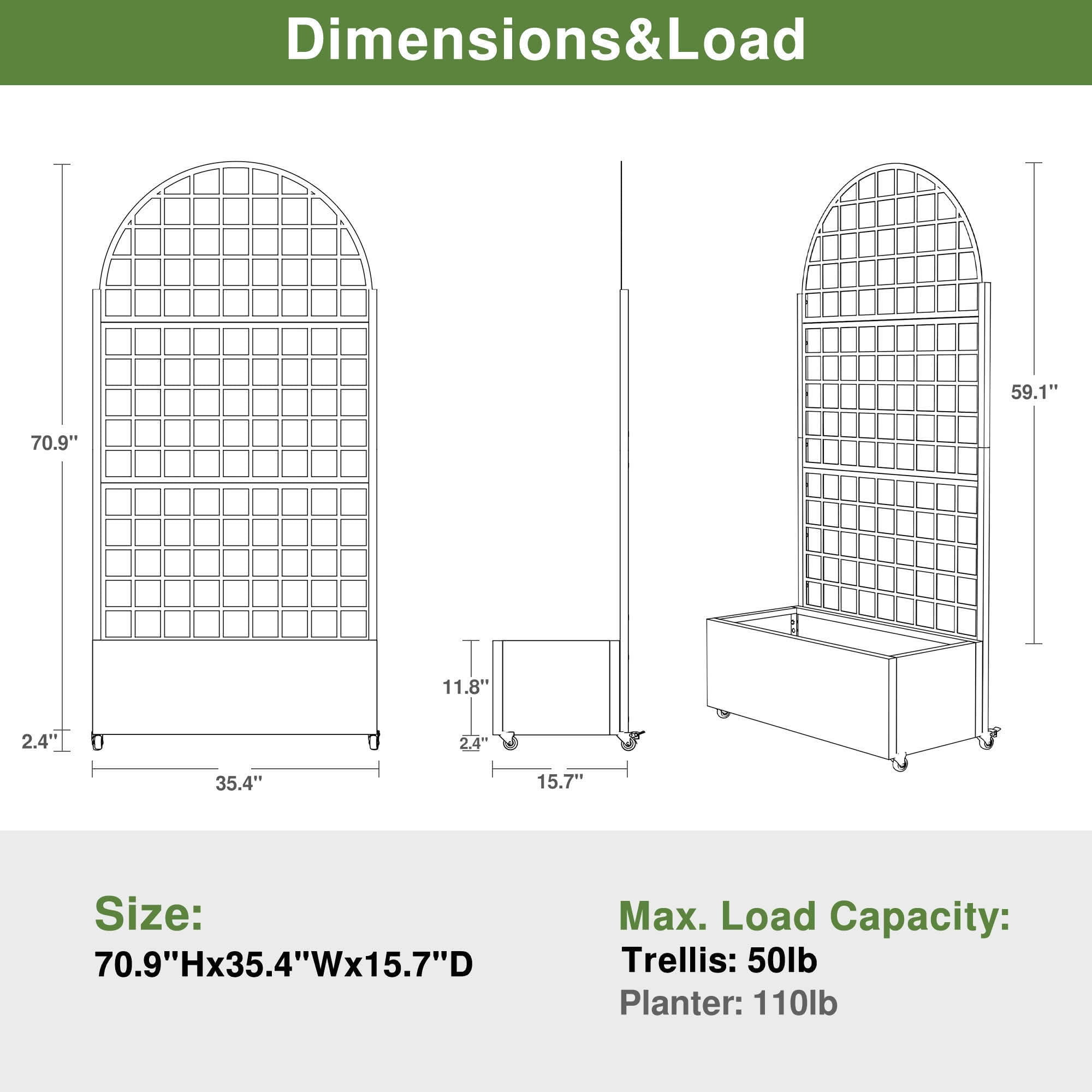 MAYEERTY 72x35x16 Inch White Metal Arched Planter Box with Trellis, 3 Piece Set for Outdoor Garden & Patio