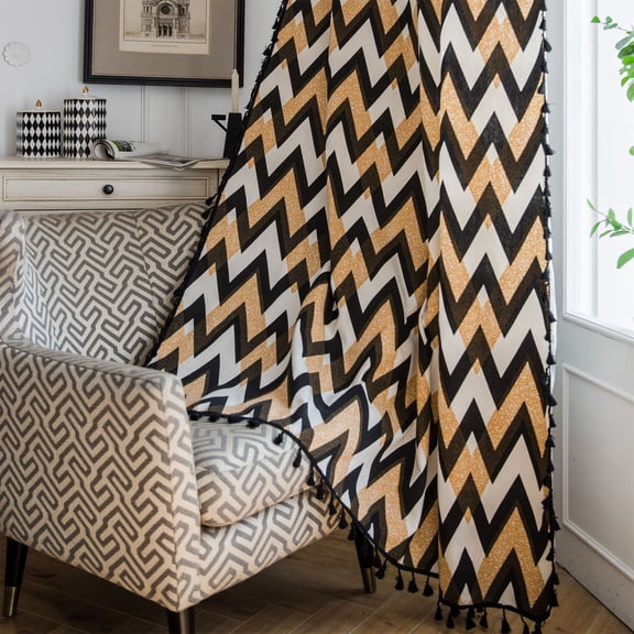 PixelForge Boho Linen Curtain, Farmhouse Curtain for Living Room, Light Filtering Rod Pocket, 1 Panel, Black & Mustard, 52"W x 84"L