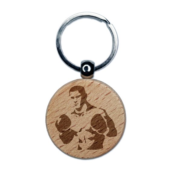 Boxer Man with Boxing Gloves Pugilist Round Keychain Charm Tag - Engraved Wood
