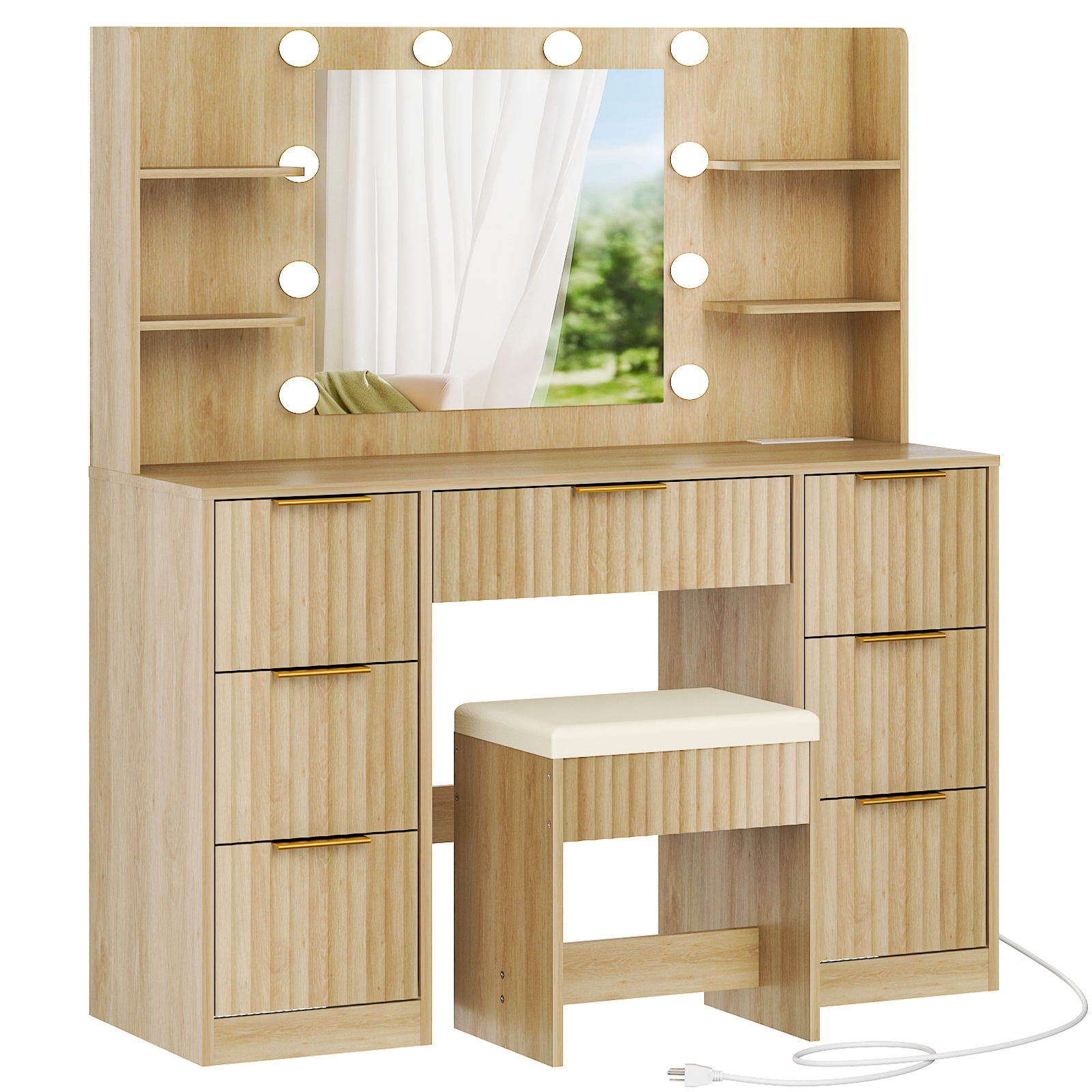 Zimtown Lighted Makeup Vanity Desk with Mirror and Charging Station, Vanity Table with 7 Drawers & 4 Storage Shelves for Dressing Room Bedroom, Oak