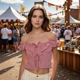 thumbnail image 4 of HUAXUN Women’s Red White Small Grid Gingham Off Shoulder Ruffle Trim Puff Short Sleeve Tie Front Hollow Cropped Oktoberfest Festival Casual Blouse (Red,L), 4 of 6
