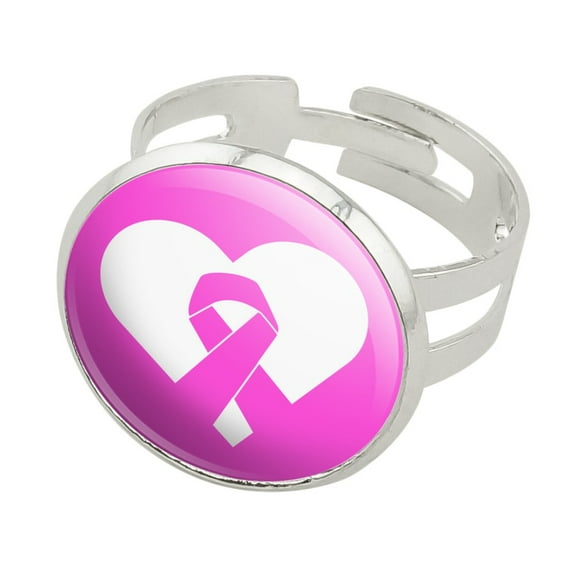 Breast Cancer Awareness Pink Ribbon in Heart Silver Plated Adjustable Novelty Ring