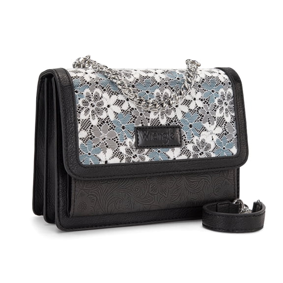 Wrangler Purses for Women Floral Tooled Crossbody Bag Flap Purse with Chain Strap, Black