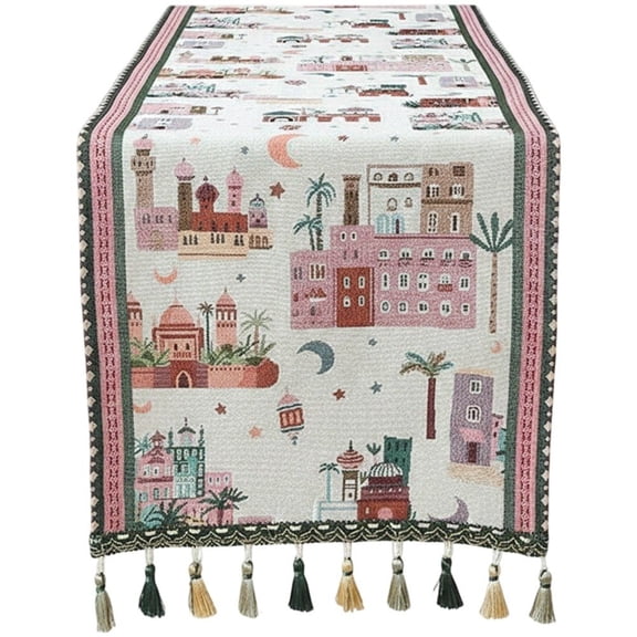 Jiibva Eid Mubarak Table Runner Middle Eastern Holiday Ramadan Table Runner Cover Jacquard Long Table Cloth for Kitchen Dinning Table