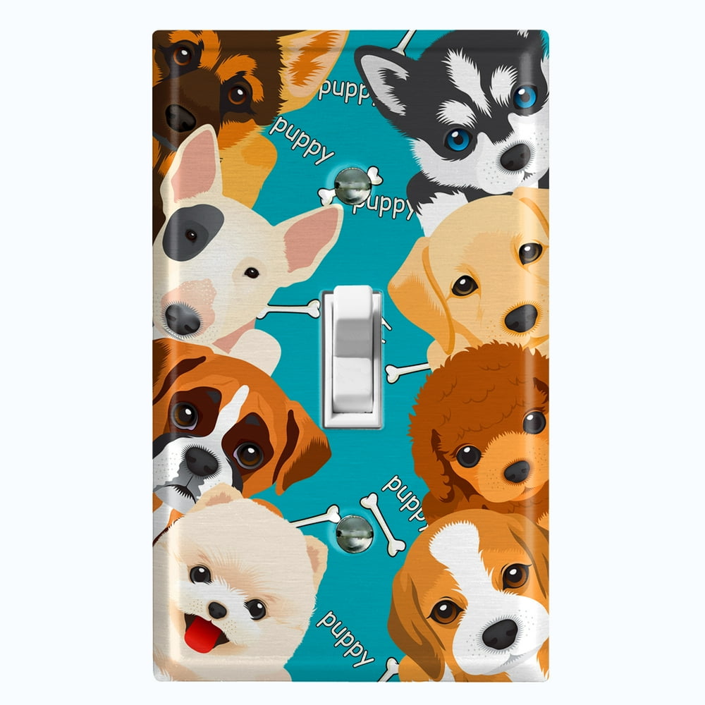 Metal Light Switch Plate Outlet Cover (Cute Puppy Dog Teal Single