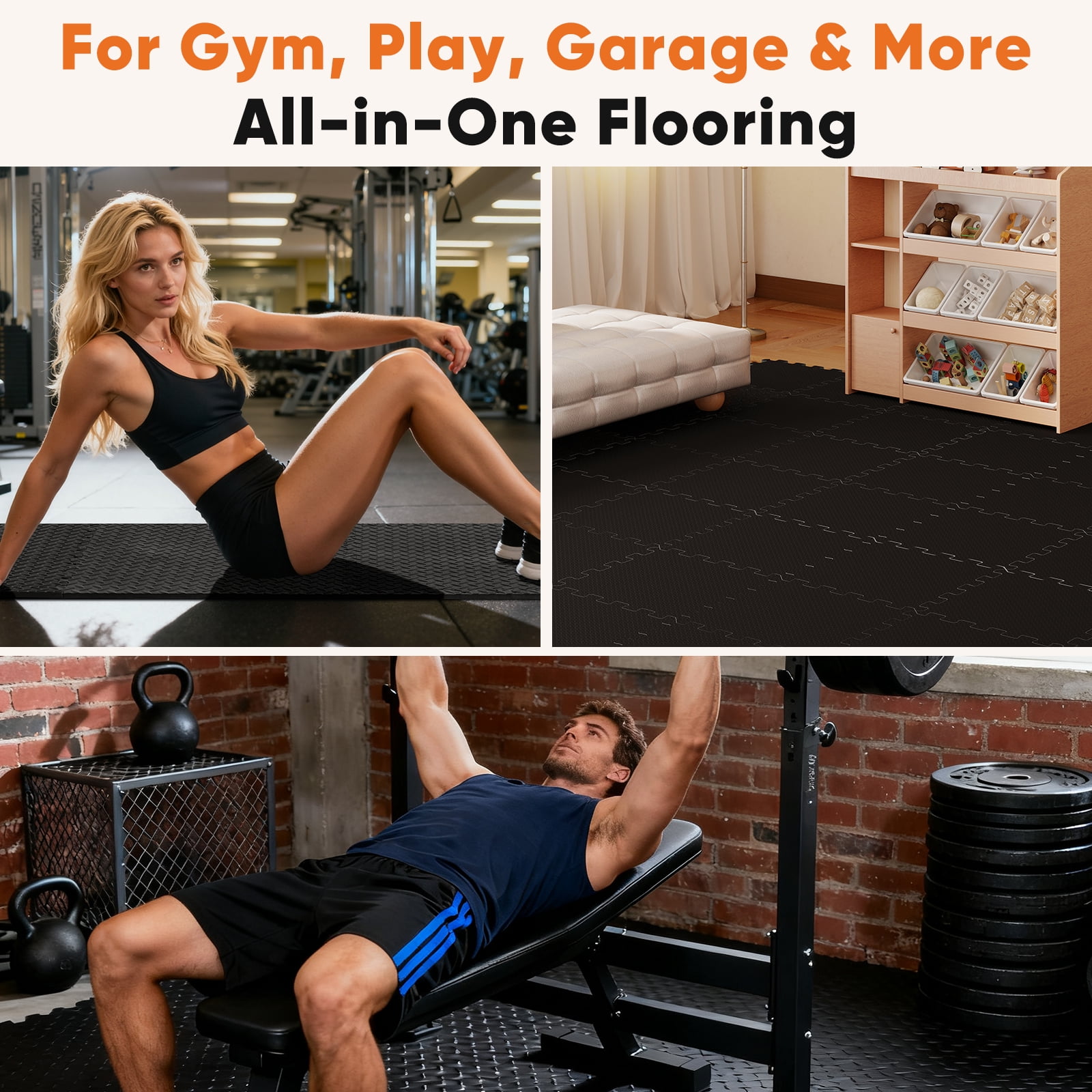 EDX 24 inch EVA Foam Tiles, 36P Puzzle Exercise Mat for Home Gym & Floor Padding, Black