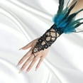 thumbnail image 2 of Women's Gothic Lace Fingerless Gloves with Feather Accent, Open Knit Witch Gloves for Halloween Cosplay, Witch Costume Accessories and Gothic Party Gloves - Blue, 2 of 4