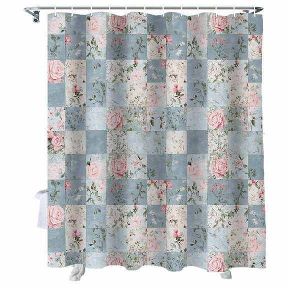 Shower Curtains Pink Floral Bath Curtain Farmhouse Blue Vintage Floral Waterproof Bathroom Shower Curtain Set with Hooks Decoration 36 x 72 Inches