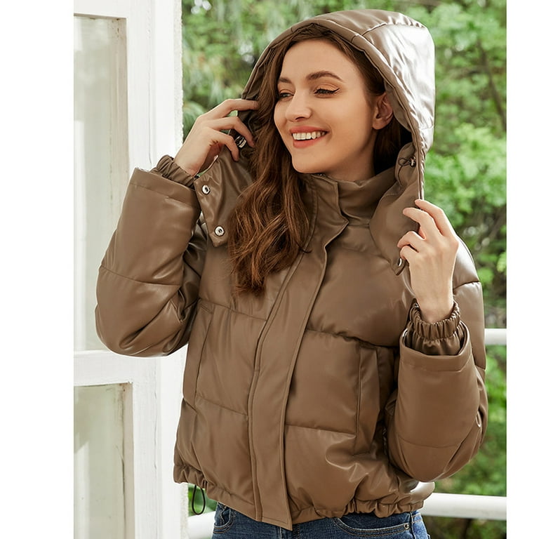 HTNBO Faux Leather Puffer Jacket for Women Winter Zipper Bubble