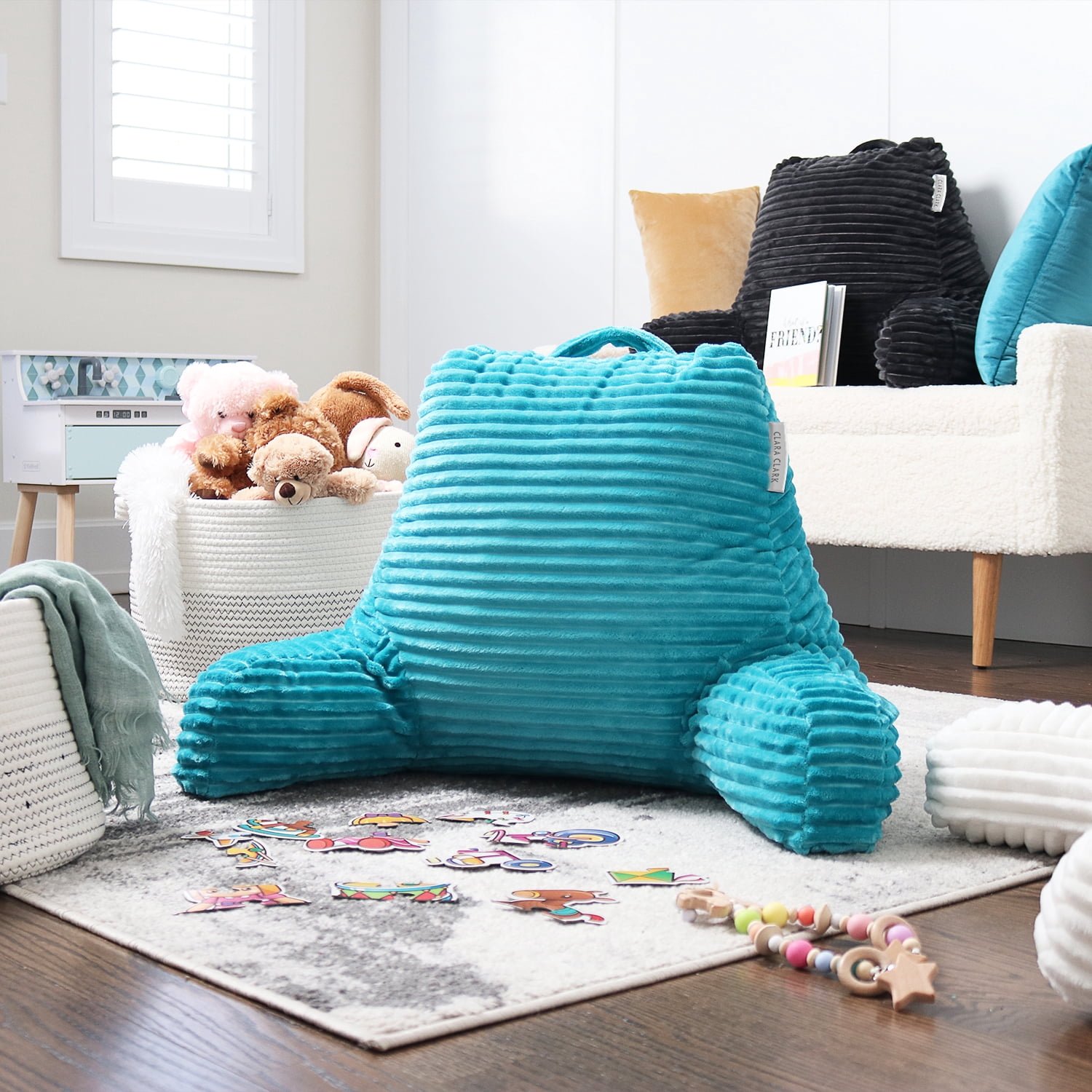 Clara Clark Backrest Reading Pillow with Arms, Shredded Memory Foam Bedrest Pillow, Medium, Teal