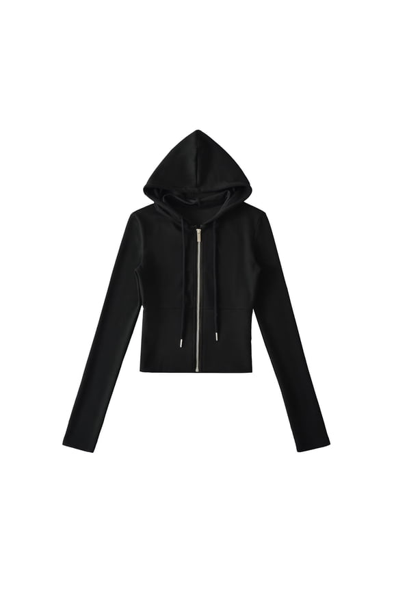 Womens Coat Black Cropped Zip up Hooded Yoga Drawstring Light Weight Hoodies Jacket Women L
