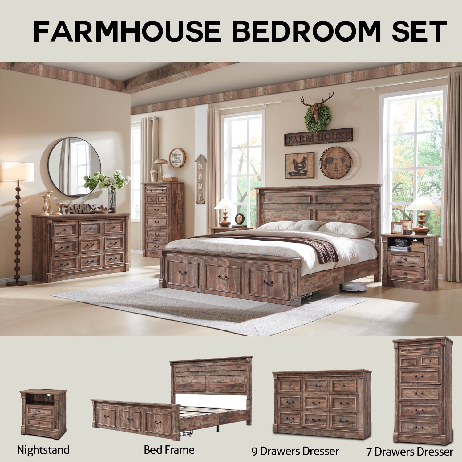 wow97e 7 Drawers Dresser for Bedroom, 57" Tall Farmhouse Wooden Chest of Drawers w/Roman Colum, Storage Dressers for Hallway, Living Room