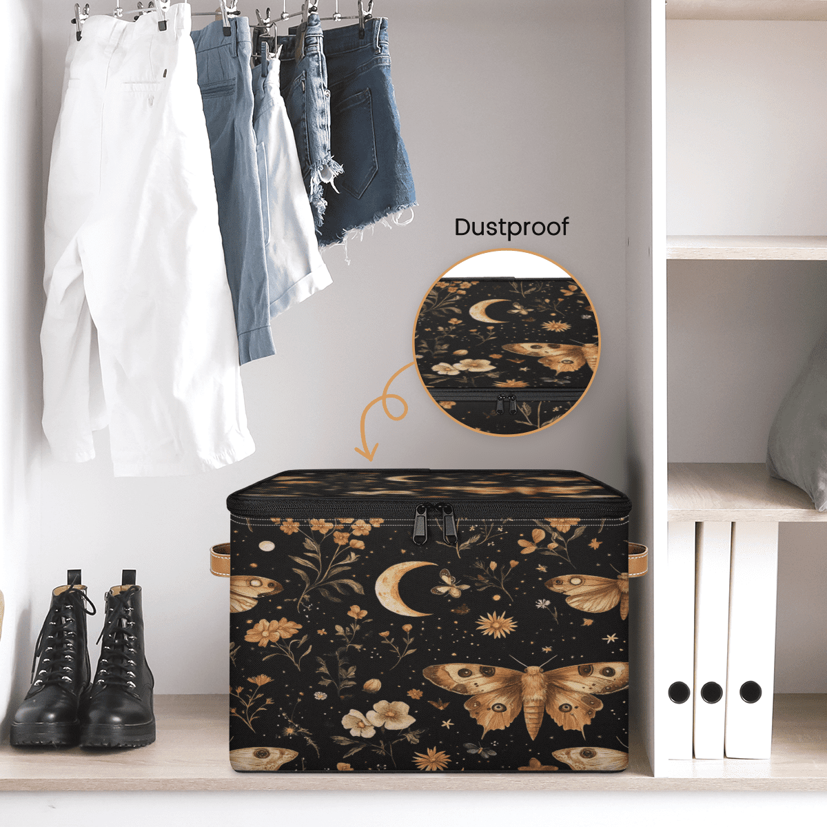 ADECORIVY Butterfly Storage Bin with Lid Fabric Moth Floral Moon Foldable Storage Baskets Boxes for Clothes Shelves Closet Organizer Containers with Leather Handles for Wardrobe