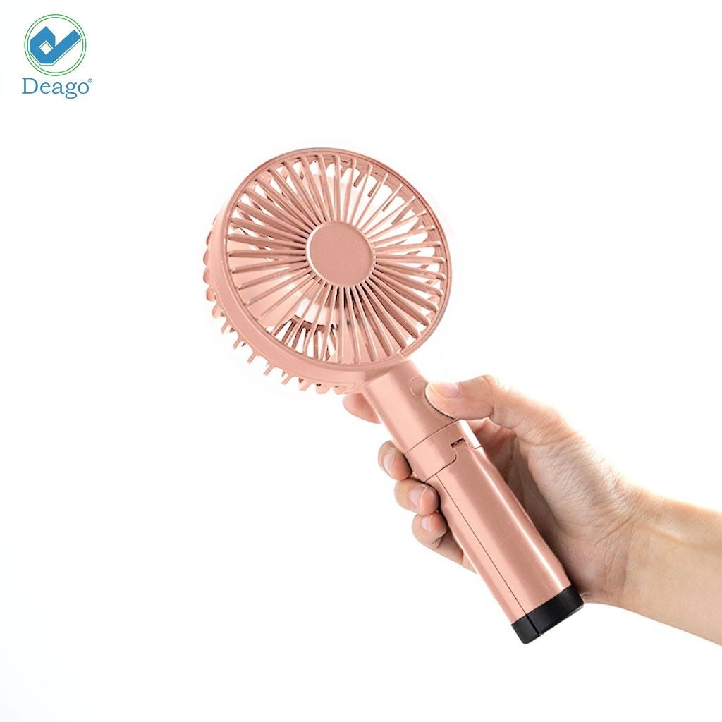 Deago Rechargeable USB Desk Cooling Fan Summer Mini Tripod Handheld Fan Foldable Bracket 3 Speeds Portable Fan for Outdoor Travel (Pink)