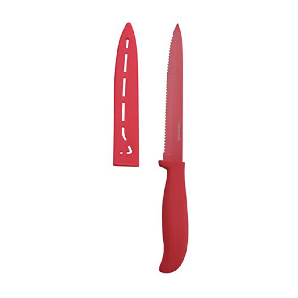 Farberware Red Utility Knife with Sheath and Contoured Handle, Non