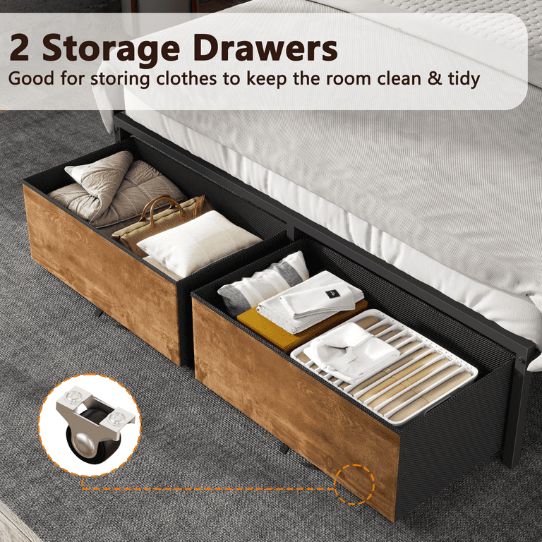 Satifur Full Size Bed Frame with Storage Drawers & LED Lights, Rustic Brown photo 3