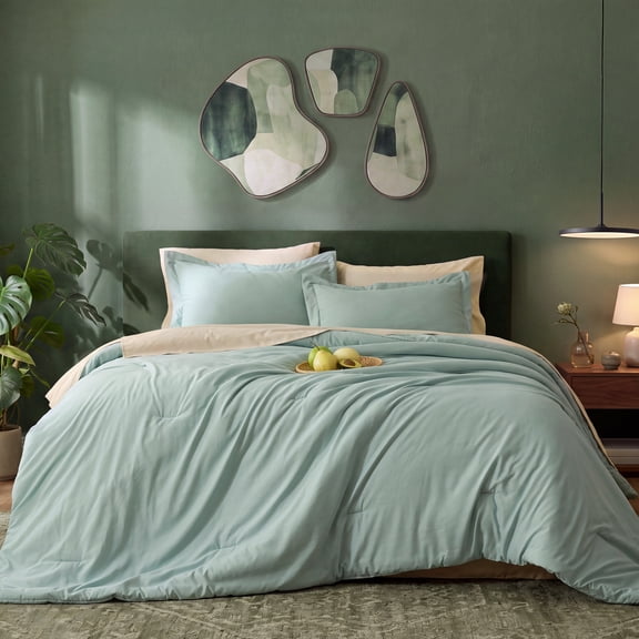 U by Bedsure Queen Comforter Set Sage Green, 7 Pieces Reversible Bed in a Bag, Boho Lightweight Bedding Set, Contrasting Design