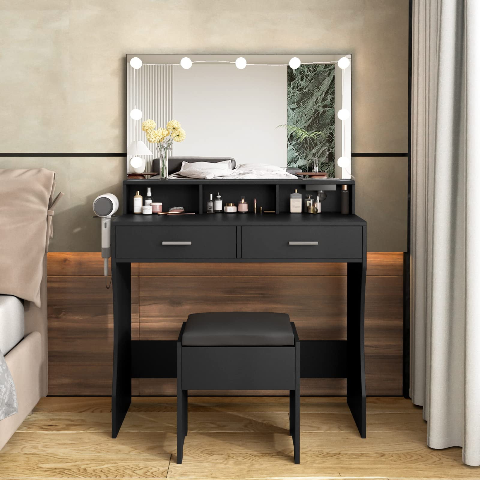 Black Makeup Vanity Set Dressing Table with Sliding LED Lighted Mirror  Power Strip and Hair Dryer Holder, Drawers, Stool