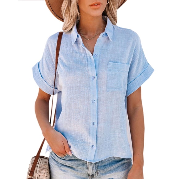 Womens Short Sleeve Cotton Linen Shirt with Pocket Blouse Side Split Casual Tops