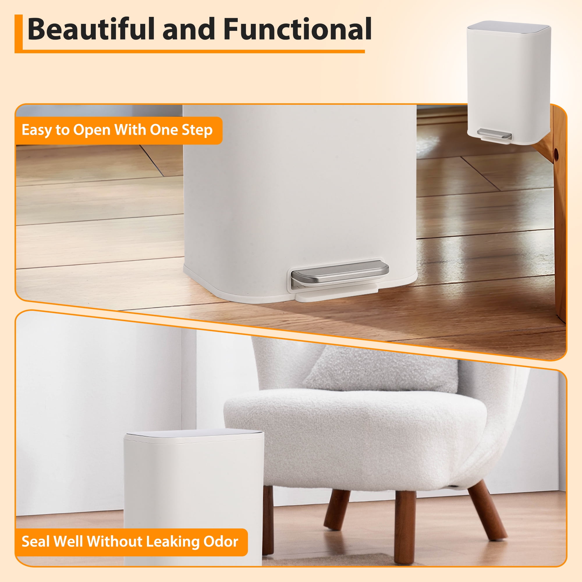 Kitchen Trash Can with Lid, Stainless Steel Garbage Can with Foot Pedal & Removable Inner Bucket, Rectangular Step On Waste Bin for Office Bedroom Living Room